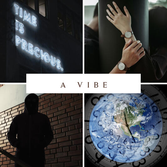 A collage of images (a neon sign that reads 'time is precious,' a hooded man's silhouette, an image of earth overlaid with a translucent analog clock, a man and woman standing behind a column with both hands visible and his on her wrist; they are both wear