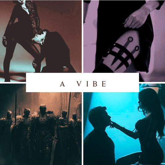 A collage of images (a man at a woman's knee, a woman's thigh with a sheath of daggers, a painting of menacing medieval knights, a woman looking down at a man and touching his lips with her finger).