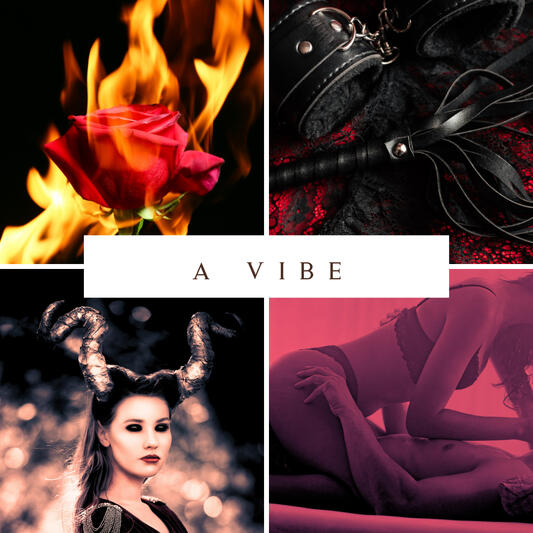 A collage of images (a burning red rose, BDSM toys, a female demon, a woman on top of a man accented in red)