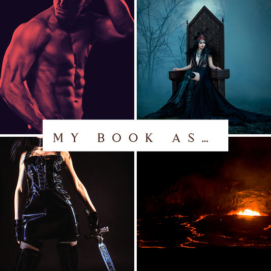 A collage of images (a muscular man's torso accented in red, a gothic woman on a throne, a gothic woman wielding a sword, a molten valley).
