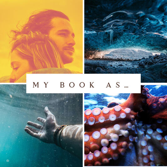 A collage of images (a man holding a woman close accented in orange, a blue cave, a man's hand reaching out underwater, octopus tentacles).