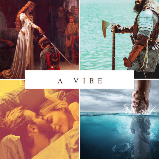 A collage of images (a queen knighting a man, a viking, a man holding a woman accented in orange, a hand gripping someone's hand underneath the ocean water to pull them out)