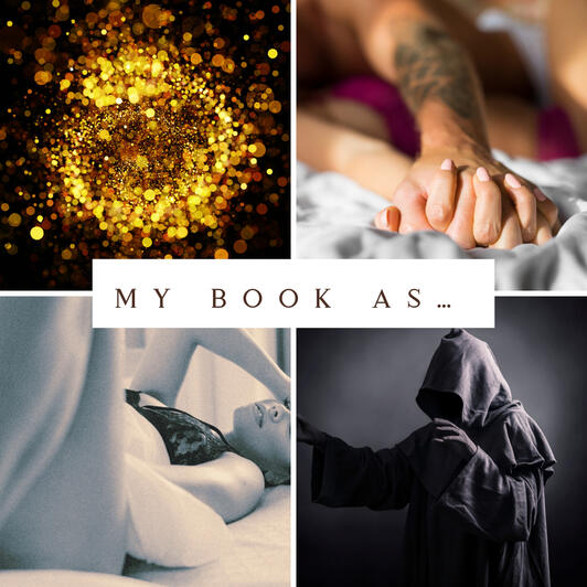 A collage of images (tarot cards, a black wolf, red lips with vampire fangs, a woman on a man’s lap).