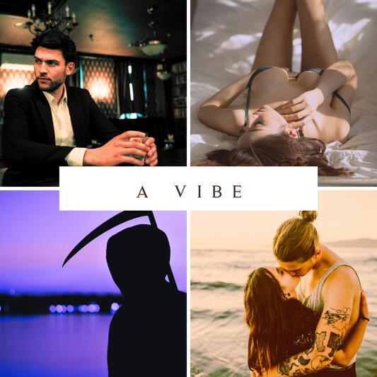 A collage of images (a well dressed man at a bar, a woman in lingerie in bed, a couple kissing happily, a hooded figure with a scythe)