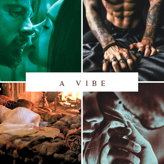 A collage of images (a man staring into a woman's eyes as they're about to kiss accented in green, a muscular tattooed man gripping black sheets, a man tenderly touching a woman's hair, a woman lying on fur blankets in front of a fire)