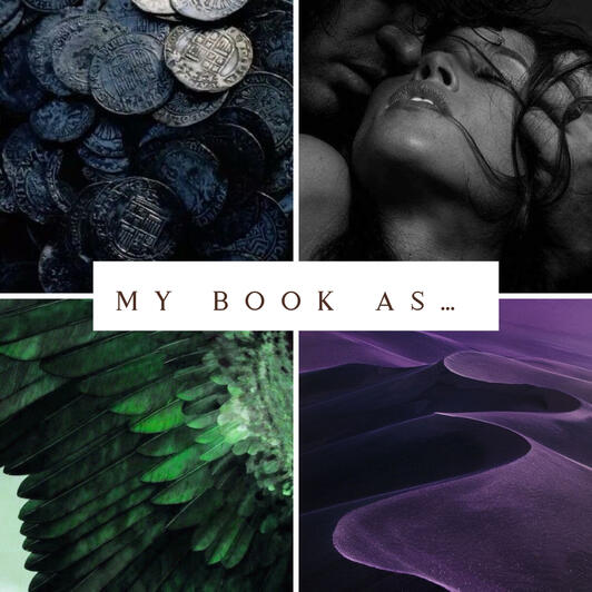 A collage of images (a woman looking passionately back at a man, purple sand dunes, green feather wings, ancient coins).