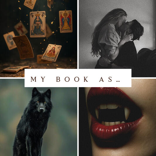 A collage of images (tarot cards, a black wolf, red lips with vampire fangs, a woman on a man’s lap).