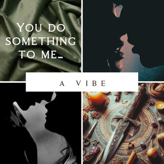 A collage of images (a quote, two separate images of couples almost kissing, a dagger)