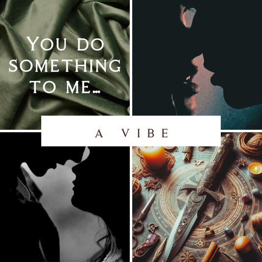 A collage of images (a quote, two separate images of couples almost kissing, a dagger)