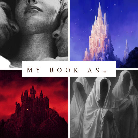 A collage of images (two men holding a woman, a white fantasy palace, a black fortress backed by a red sky, three figures hidden beneath ethereal white robes).