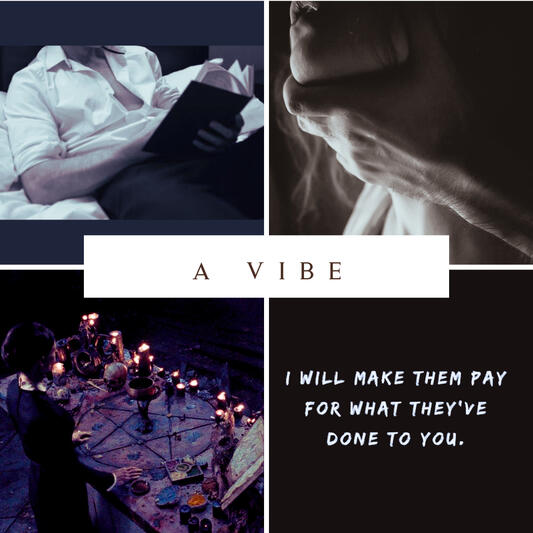 A collage of images (a well-dressed man reading in bed, a woman with a man holding her throat from behind, a "I will make them pay for what they've done to you" image, a witch's altar)