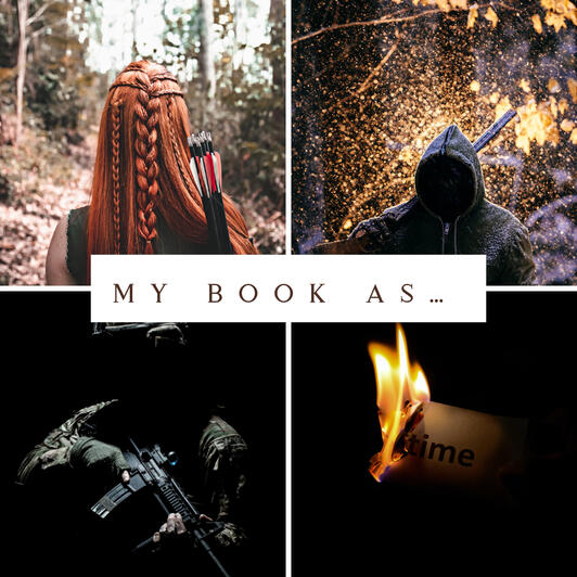 A collage of images (a woman with red hair carrying arrows, a hooded man carrying a shotgun, a soldier, a burning piece of paper that reads 'time').