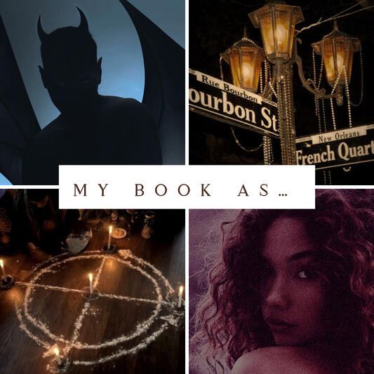 A collage of images (a demon, a Bourbon Street & French Quarter street sign, a woman with curly golden brown hair, a witches circle with candles).