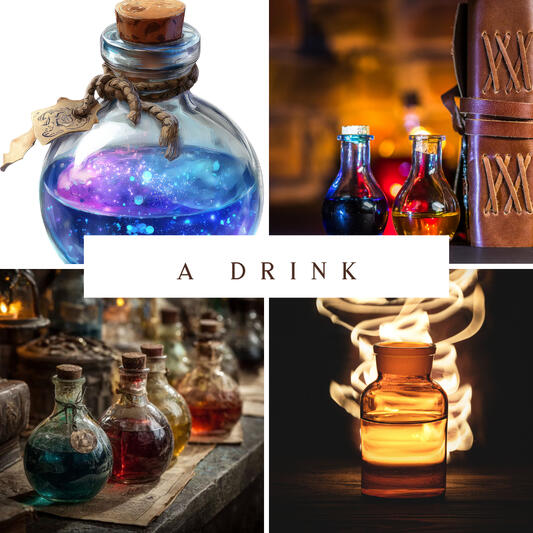 A collage of potion bottle images