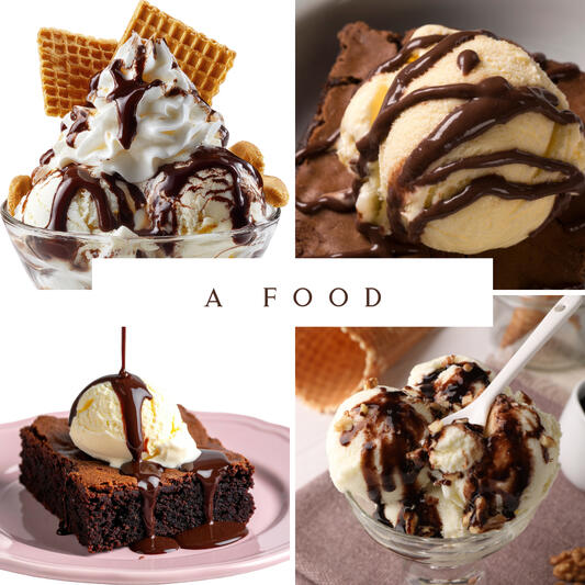 A collage of hot fudge sundae images
