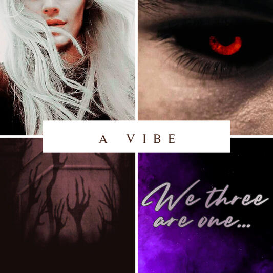 A collage of images (a man with long white hair, a man’s red eye, shadow hands reaching for a person, the words “we three are one”.)
