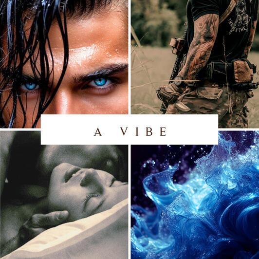 A collage of images (a man with black hair and bright blue eyes, a soldier with a rifle, a splash of blue water, a man kissing the neck of a woman as they lay in bed making love)