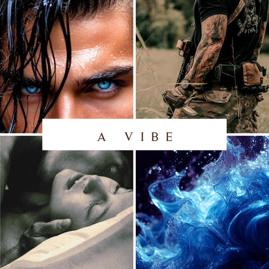 A collage of images (a man with black hair and bright blue eyes, a soldier with a rifle, a splash of blue water, a man kissing the neck of a woman as they lay in bed making love)