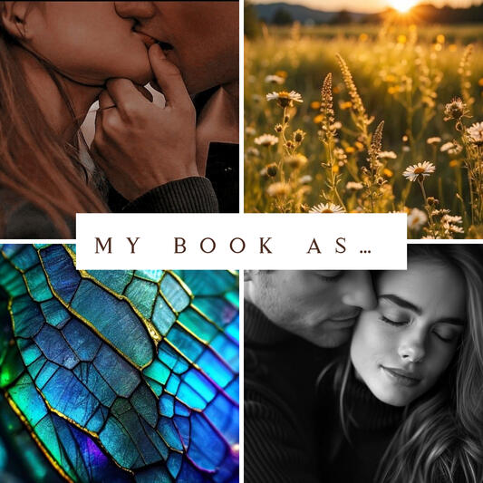 A collage of images (a man gently kissing a woman, a field of wild flowers and tall grasses at sunrise, a blue and green dragonfly wing, a man tenderly holding a woman).