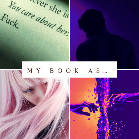A collage of images (a woman with pale pink hair, a man's silhouette in purple, the words 'You care about her. Fuck.')