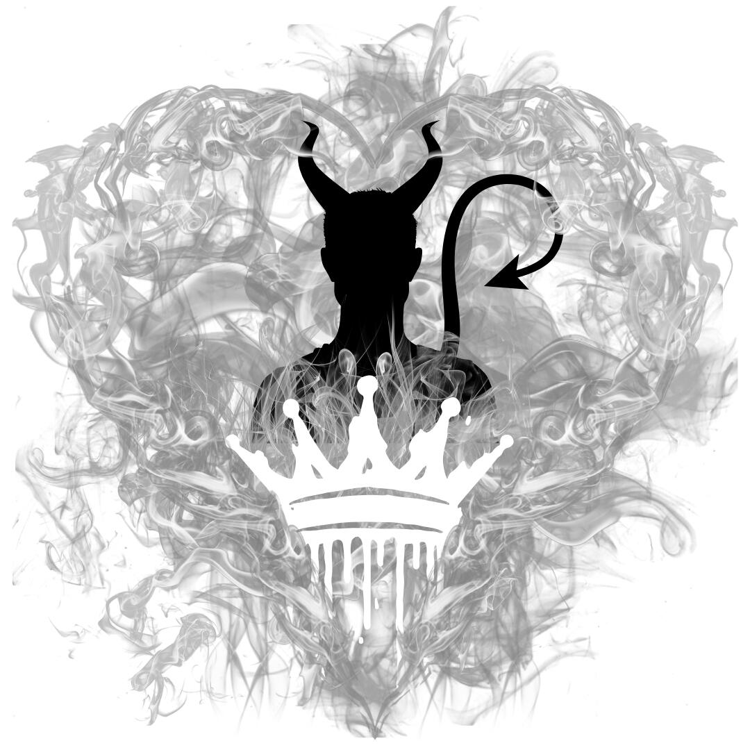 Chapter artwork. A demon silhouette above a white crown dripping white color, and everything surrounded in gray smoke and flames that almost make a heart shape.