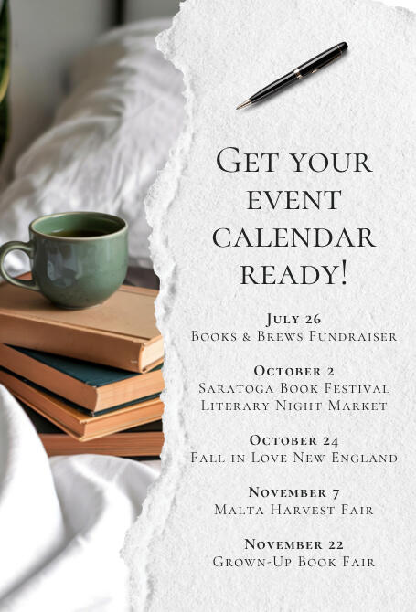 Green coffee mug on a stack of books on left vertical half, ripped paper on right vertical half that reads "Get your event calendar ready!"